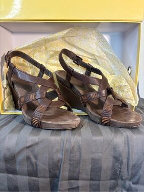 Brown Strappy Wedge Sandals with Ankle Buckle